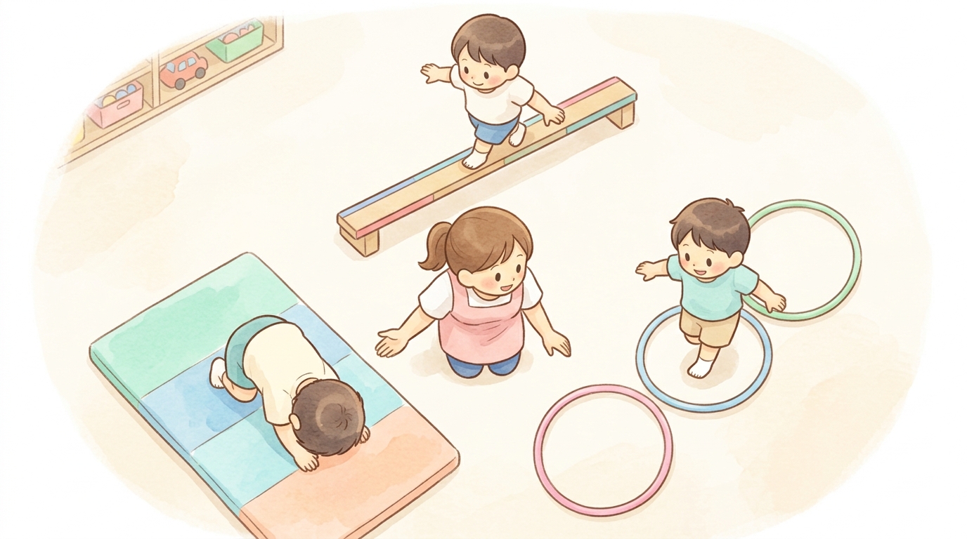 平均台やマット運動などサーキットトレーニングを行う子どもたちのイラスト