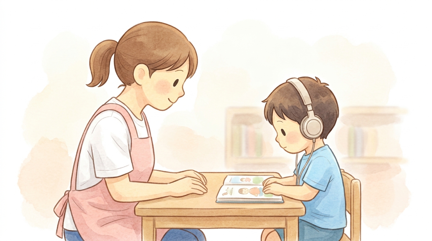 イヤホンで音読を聞きながら本を読む子どもとサポートするスタッフのイラスト