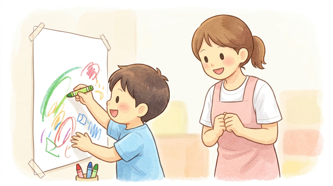 立った姿勢で壁にお絵描きする子どもと見守るスタッフのイラスト